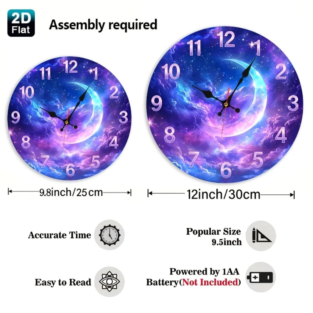 1pc Purple Pink Gradient Nebula & Crescent Moon Wall Clock