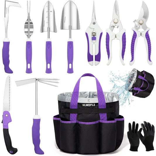 Purple Garden Tool Set, 11PCS Heavy Duty Gardening Tools with Detachable Storage Bag Includes Weeder and dual purpose hoe