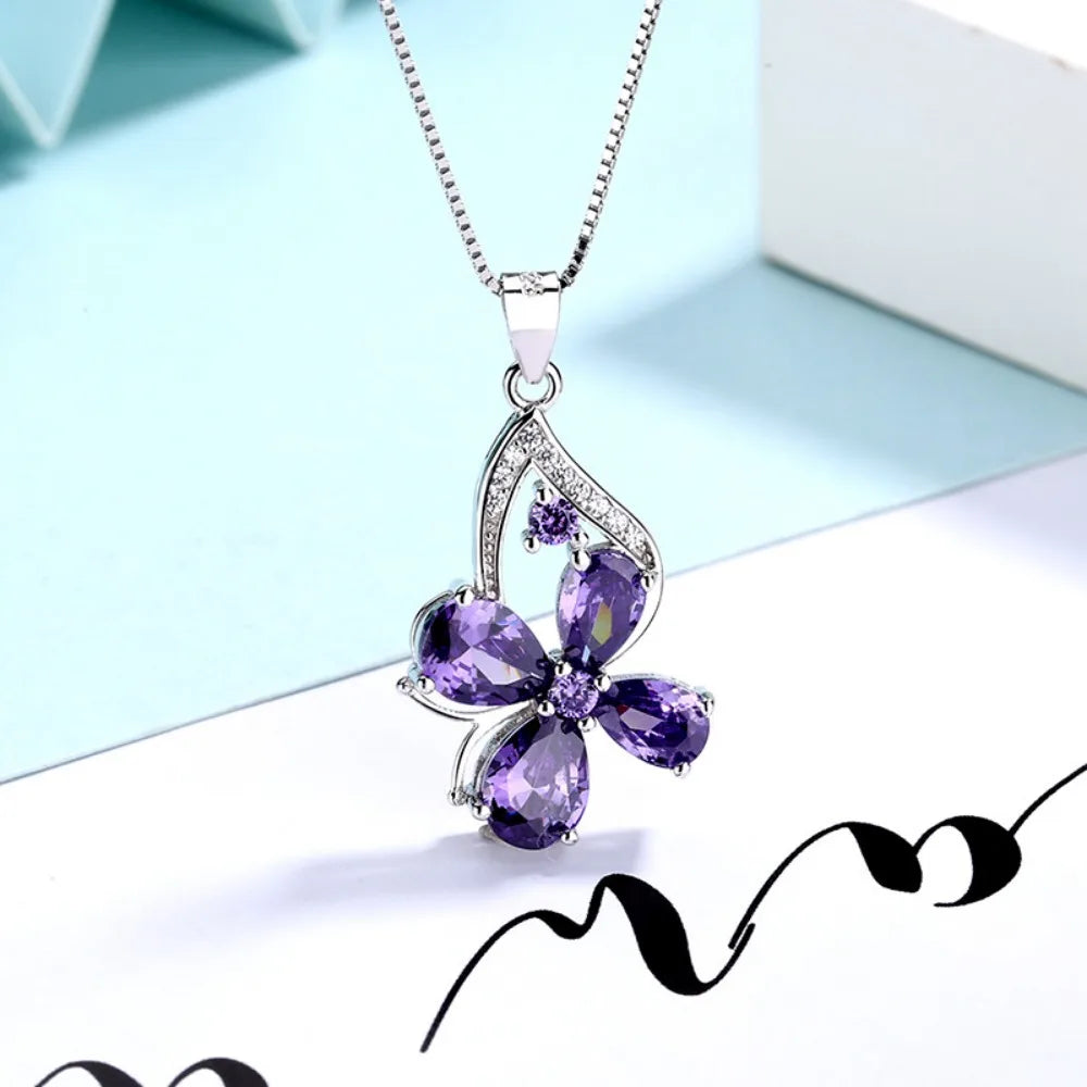 Four-leaf Clover Sterling Silver Necklace Amethyst Pendant