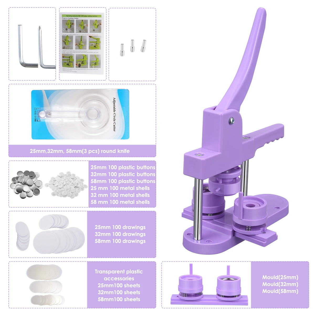Purple Button Badge Maker Machine 25/32/58mm Button Pin Press Machine With Parts Supplies