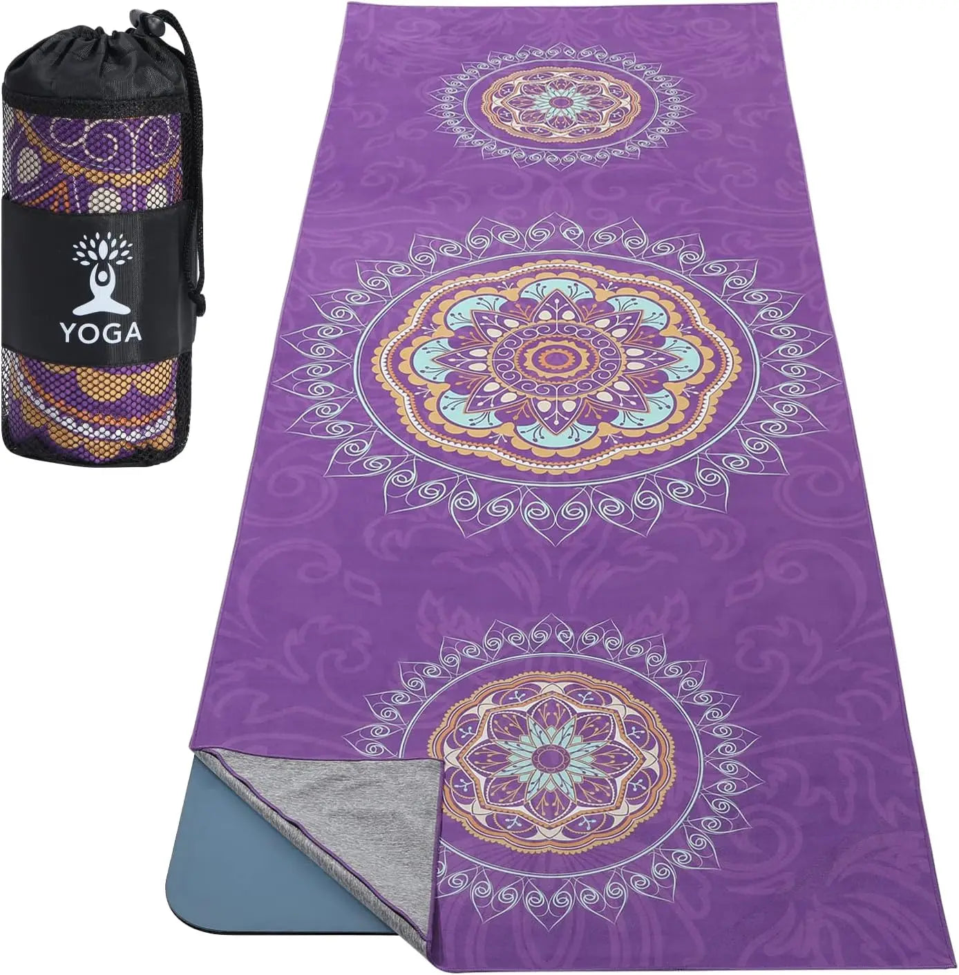 Non-Slip Yoga Mat Towel with Quick-Dry & Corner Pocket, Purple Mandala Pattern for Hot Yoga, Pilates, Gym