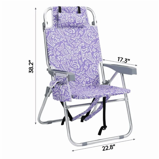 5-Position Folding Beach Chair with Headrest, Cup Holder, Cooler Bag, Shoulder Strap, 15 in Seat