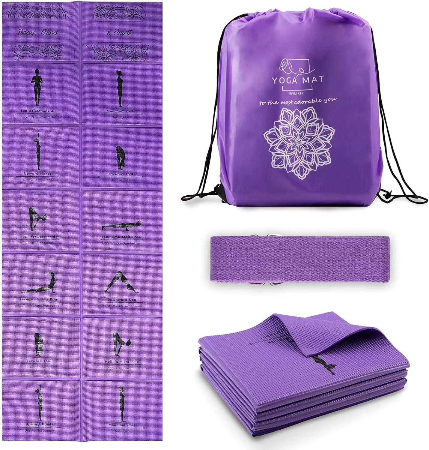 Foldable Non-Slip Yoga Mat, 5mm Thick with Strap for Home Gym and Travel, 68x24 Inches