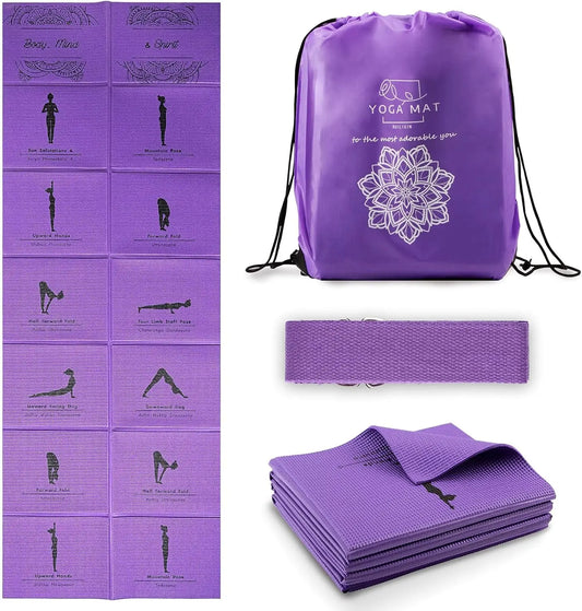 Foldable Non-Slip Yoga Mat, 5mm Thick with Strap for Home Gym and Travel, 68x24 Inches