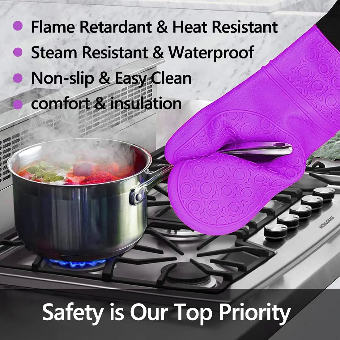 Heat Resistant Silicone Oven Mitts Set with Pads, Extra Long Gloves for Kitchen Cooking Baking, Pack of 6 Purple