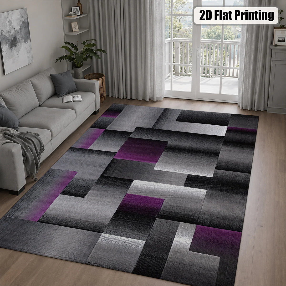 Large Indoor Area Rug, Soft Velvet Low Pile Non-Slip Dotted Backing Machine Washable, Modern Abstract Geometric Gray Purple Block Rug