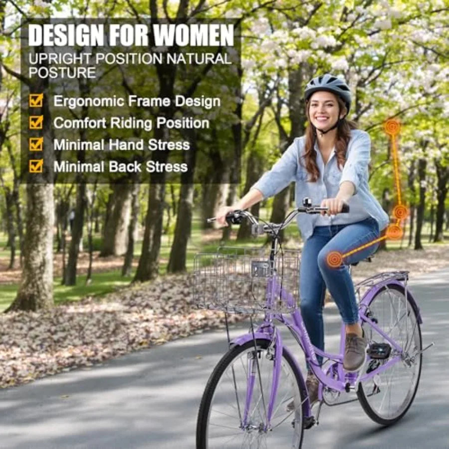 Women Beach Cruiser Bike 24/26 in. with Premium Derailleur Shift Lever Adjustable Seat