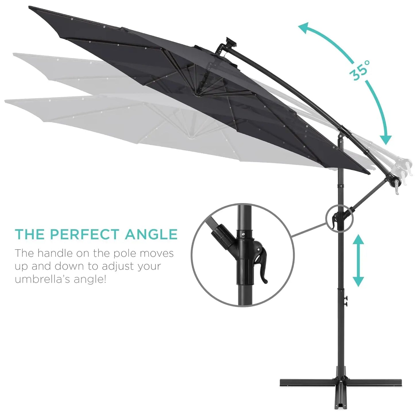 10ft Solar LED Offset Cantilever Hanging Market Patio Umbrella, 8 Sturdy Ribs, Easy Adjustment