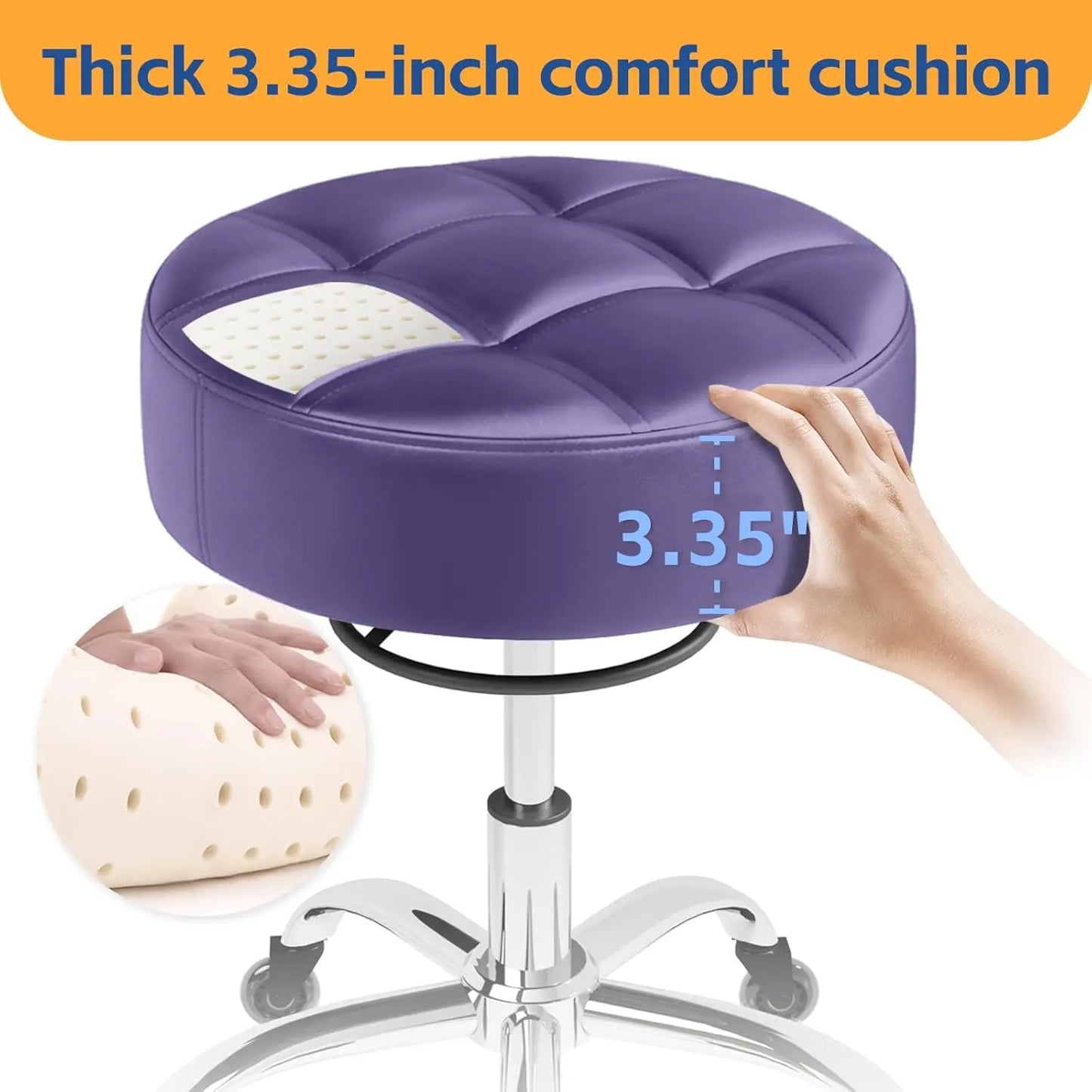 Heavy Duty Rolling Stool: Soft Leather Seat, 360 Swivel, Adjustable Height, No Squeak or Tip Over, Salon Spa, 400lb capacity