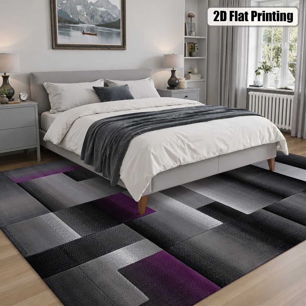 Large Indoor Area Rug, Soft Velvet Low Pile Non-Slip Dotted Backing Machine Washable, Modern Abstract Geometric Gray Purple Block Rug