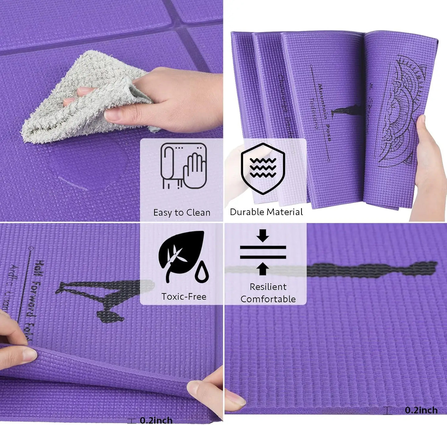 Foldable Non-Slip Yoga Mat, 5mm Thick with Strap for Home Gym and Travel, 68x24 Inches