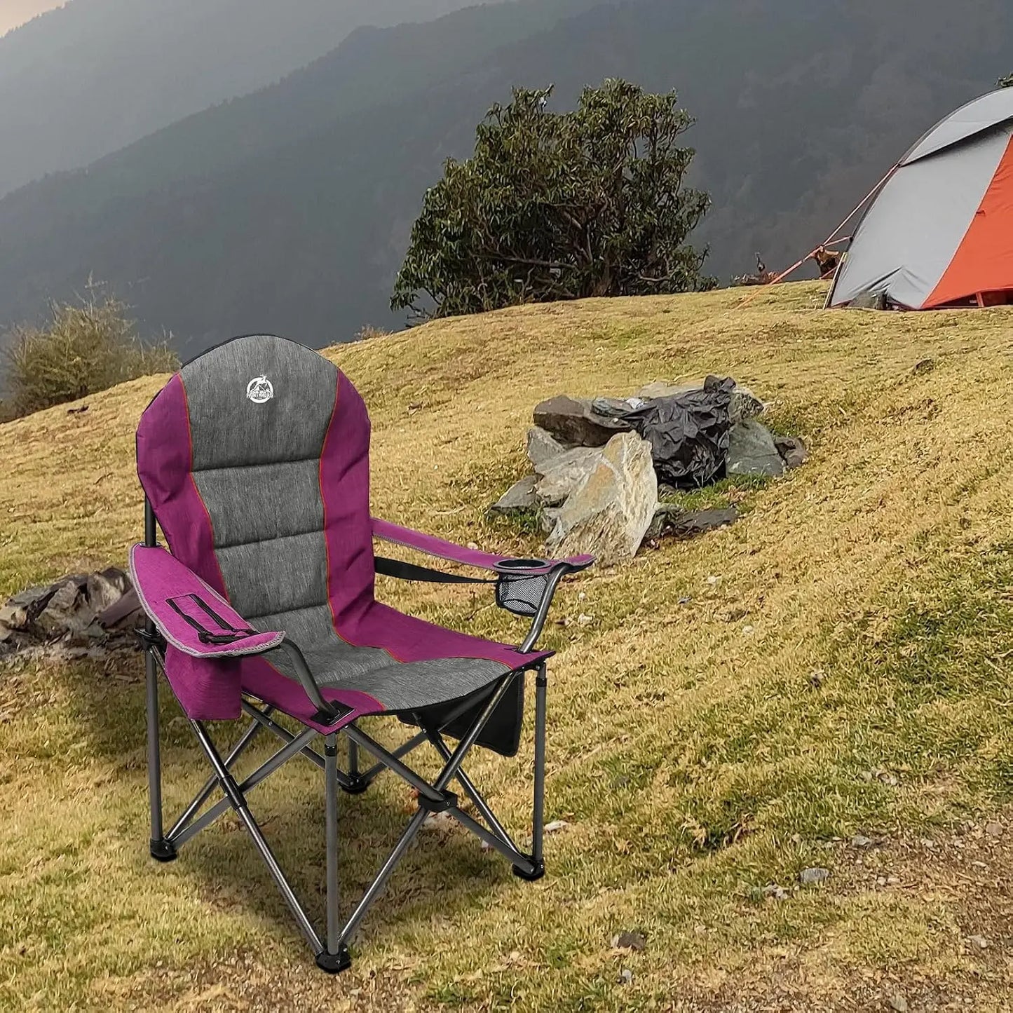 Oversized Portable Camping Chair, Heavy Duty Folding Chair Support 350 LBS with Cup Holder, Cooler Bag, Lumbar Support, Head Pocket for Adult