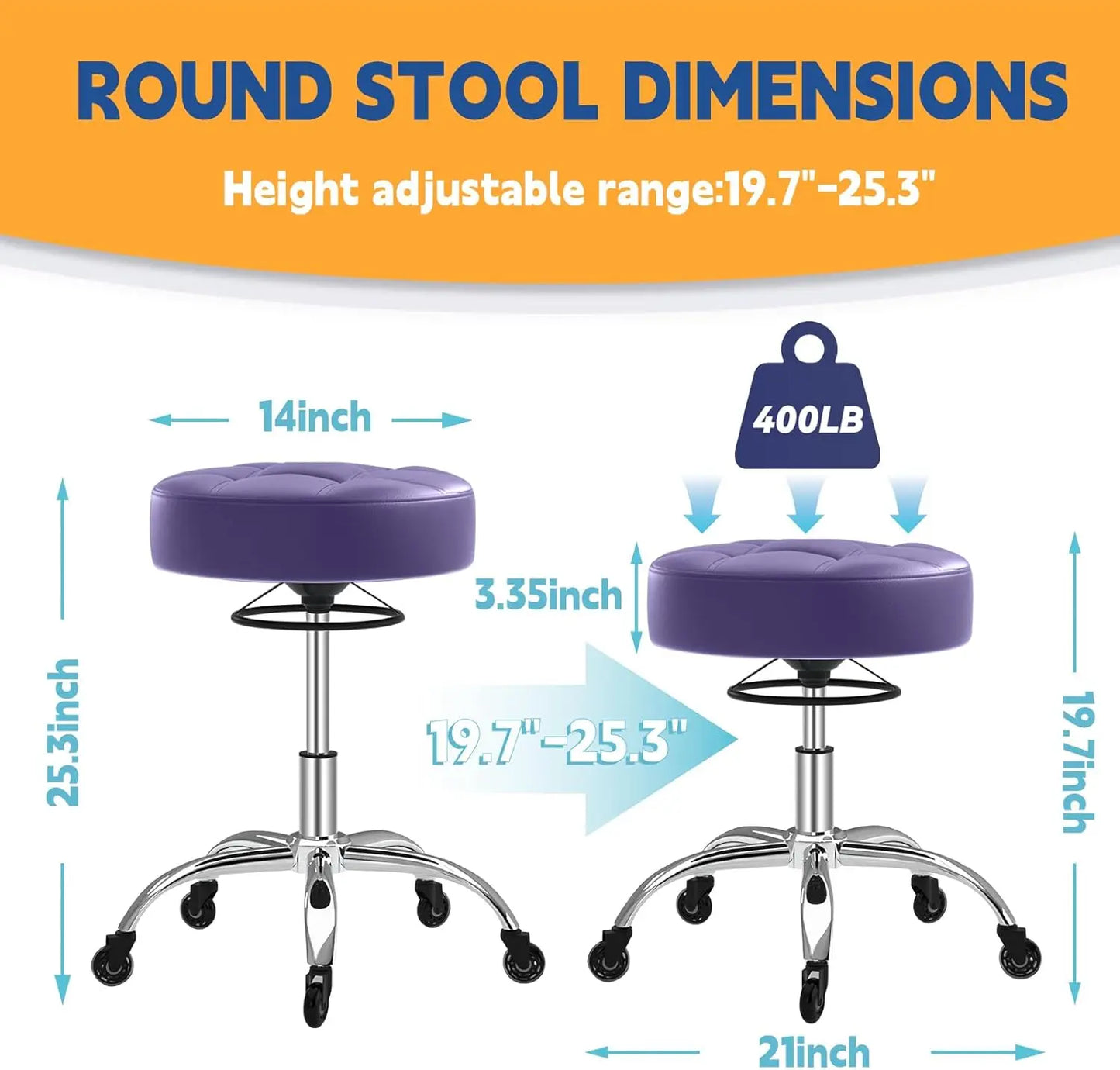 Heavy Duty Rolling Stool: Soft Leather Seat, 360 Swivel, Adjustable Height, No Squeak or Tip Over, Salon Spa, 400lb capacity
