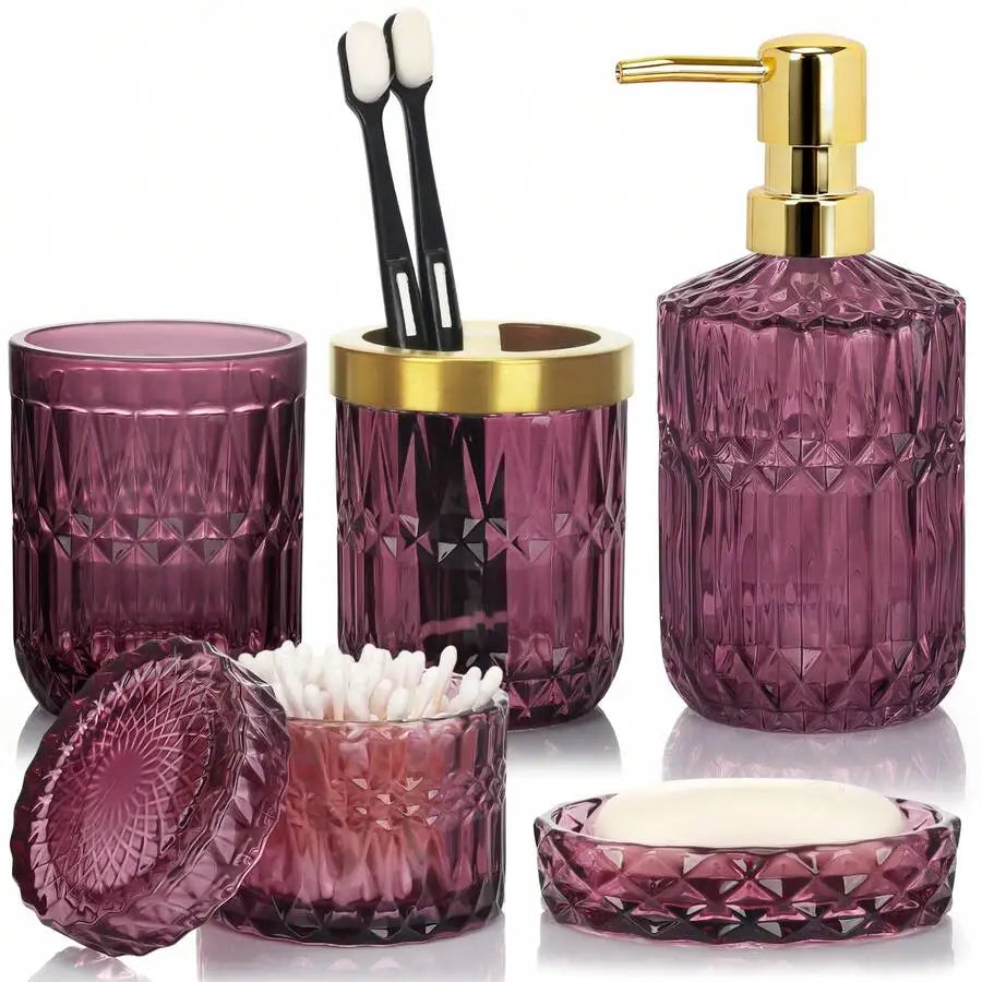 Luxury dark reddish purple glass bathroom 5-piece set: diamond-cut hand sanitizer bottle, mouthwash cup, toothbrush holder, cotton swab jar, soap dish. Nordic-style bathroom toiletry set