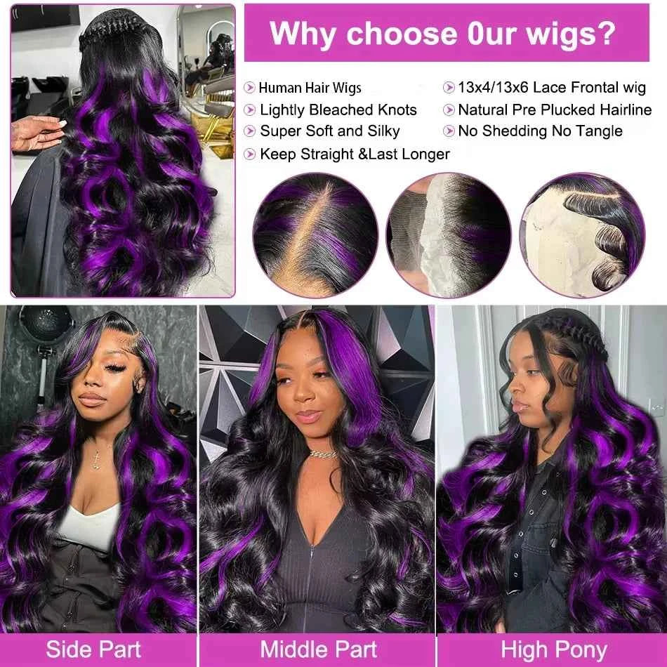 Dark Purple Highlight Wig, Human Hair