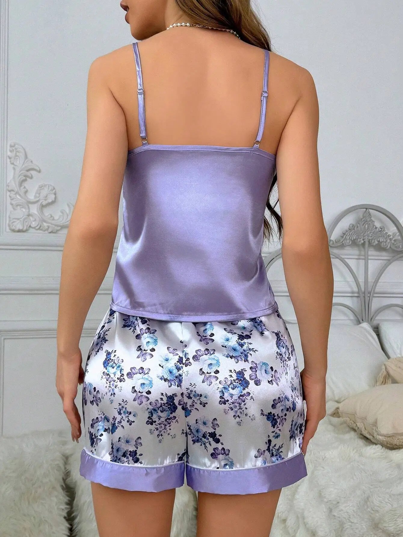 Lavender Satin Cami Top and Floral Print Shorts Pajama Set