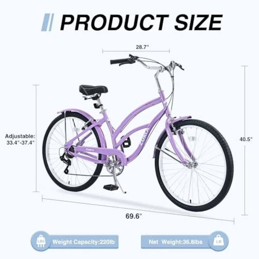 Beach cruiser bike, 26 inch, high carbon steel frame, 7-speed with dual V-brakes