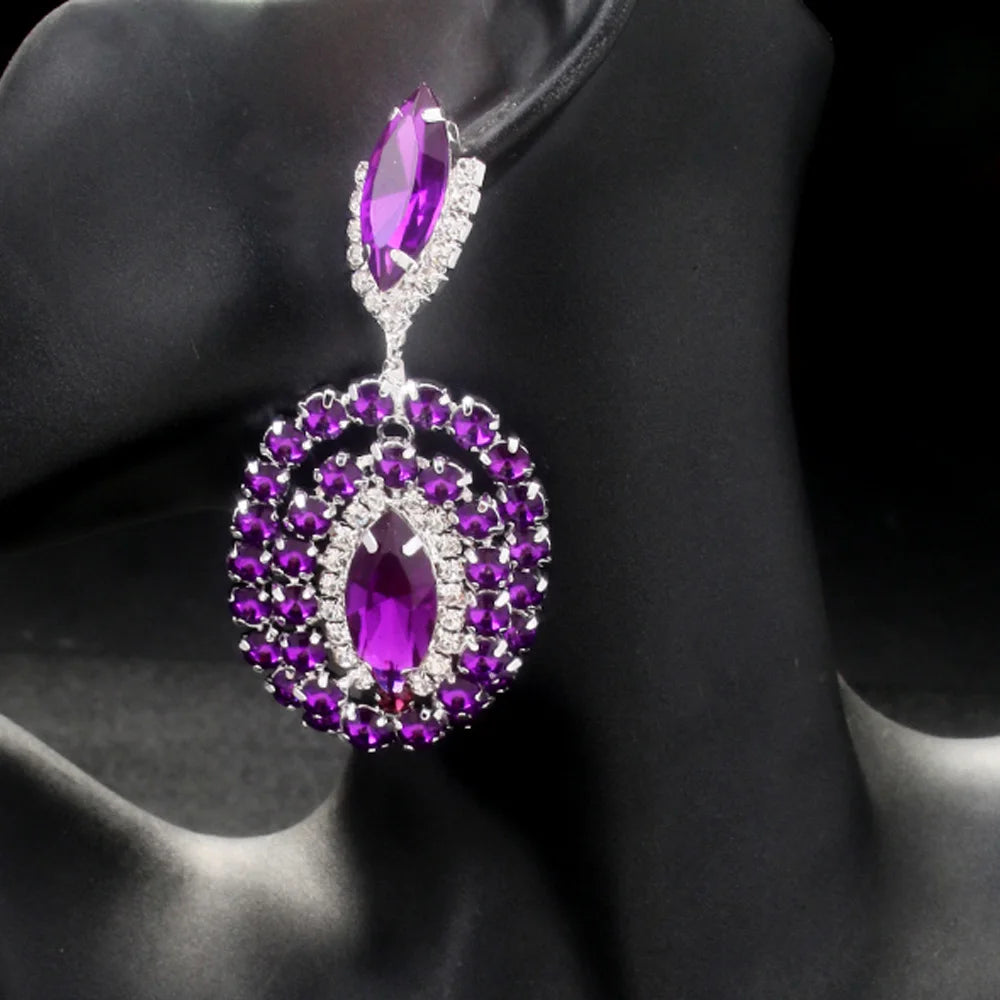 Exquisite Purple Crystal Large Hanging Earrings