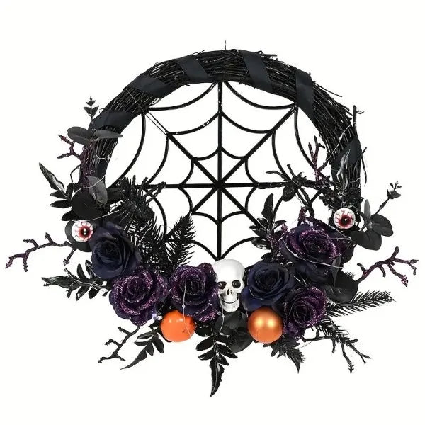 1pc, Prelit Halloween Skull Wreath For Front Door Decor, 20 LED Purple Lights Battery Operated Skeleton