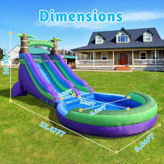 20FT Inflatable Water Slide Park , Climbing Wall With Two Slides And Splash Pool