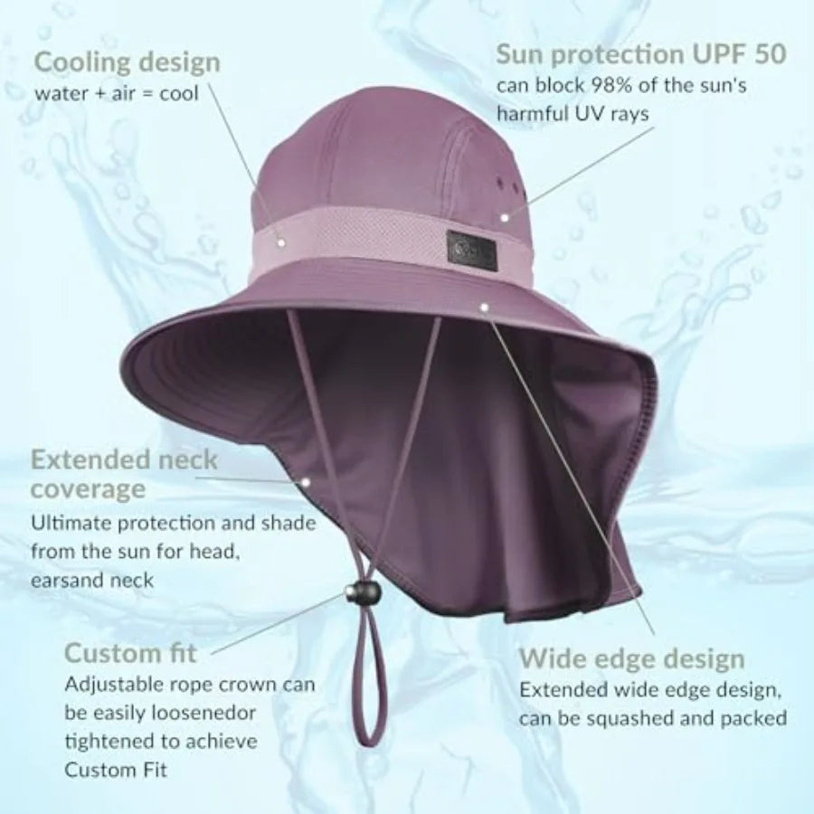 Cooling Sun Hat for Men Women UPF50+ Wide Brim with Neck Flap, Adjustable, Foldable