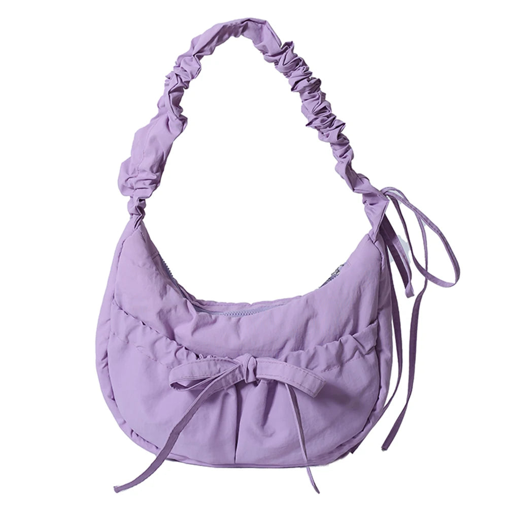 Women Chic Tote Handbag with Ruched Drawstring Strap Bow Simple Crossbody Bag Solid Color Casual Underarm Bag Ladies Outdoor Bag