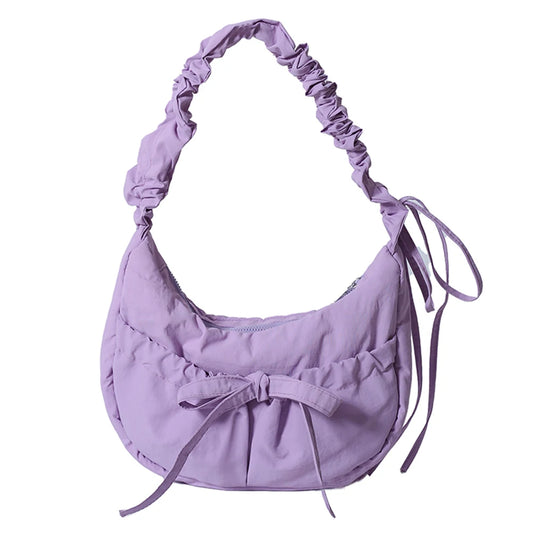Women Chic Tote Handbag with Ruched Drawstring Strap Bow Simple Crossbody Bag Solid Color Casual Underarm Bag Ladies Outdoor Bag