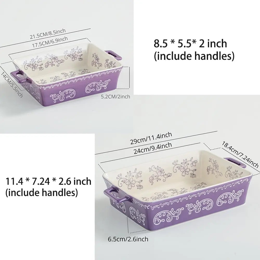 Ceramic Baking Dishes for Oven Set of 2, Lasagna Pan Deep, Square Casserole Dish with Handles, Pattern Purple (11.4+8.5in)