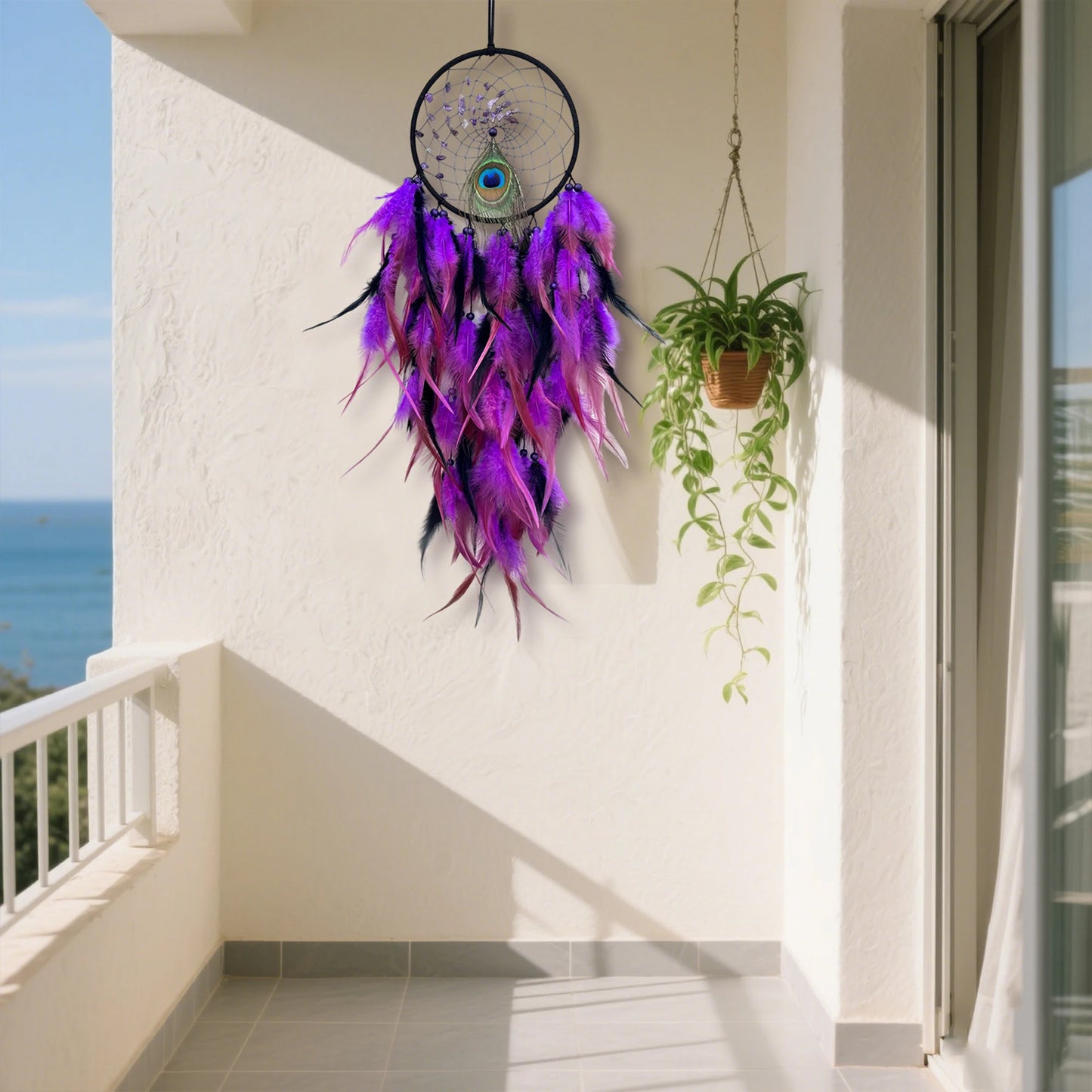 Handcrafted Dreamcatcher with Amethyst Stones and Owl Feathers for Boho Bedroom Wall Decor and Positive Energy