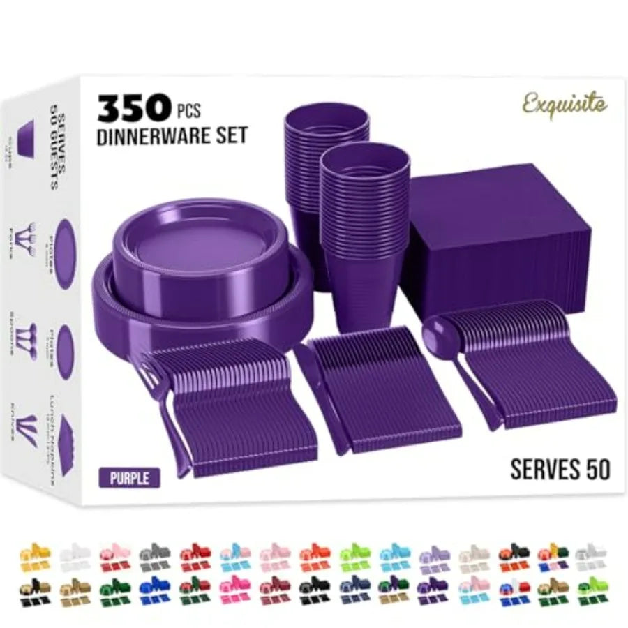 350 Pcs Purple Plastic Dinnerware set for 50 people. 9" & 7" plates, cups, napkins, utensils