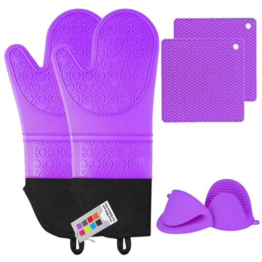Heat Resistant Silicone Oven Mitts Set with Pads, Extra Long Gloves for Kitchen Cooking Baking, Pack of 6 Purple