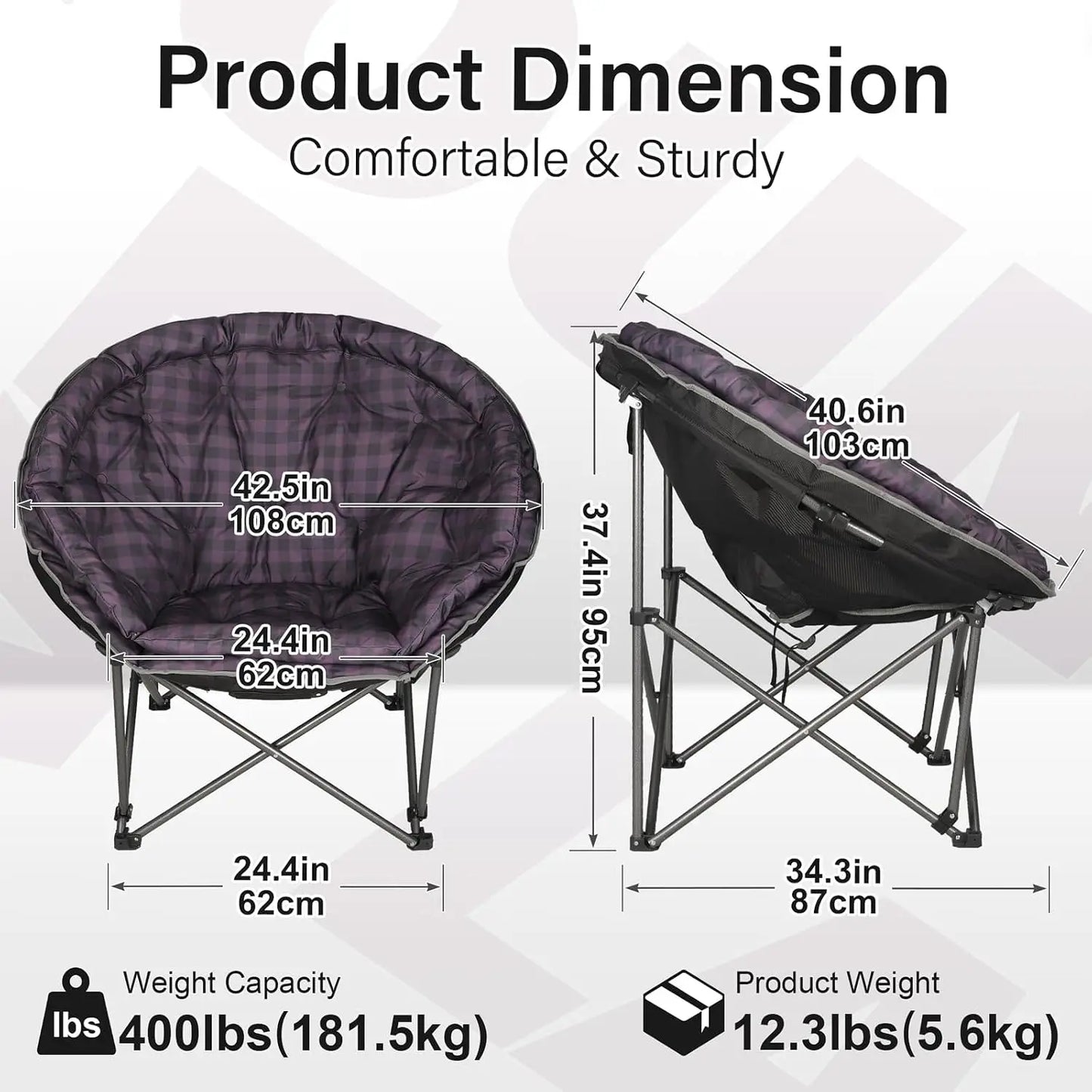 XXL Folding Moon Camp Chair, Heavy Duty 400lbs, Padded, Purple Plaid, Portable
