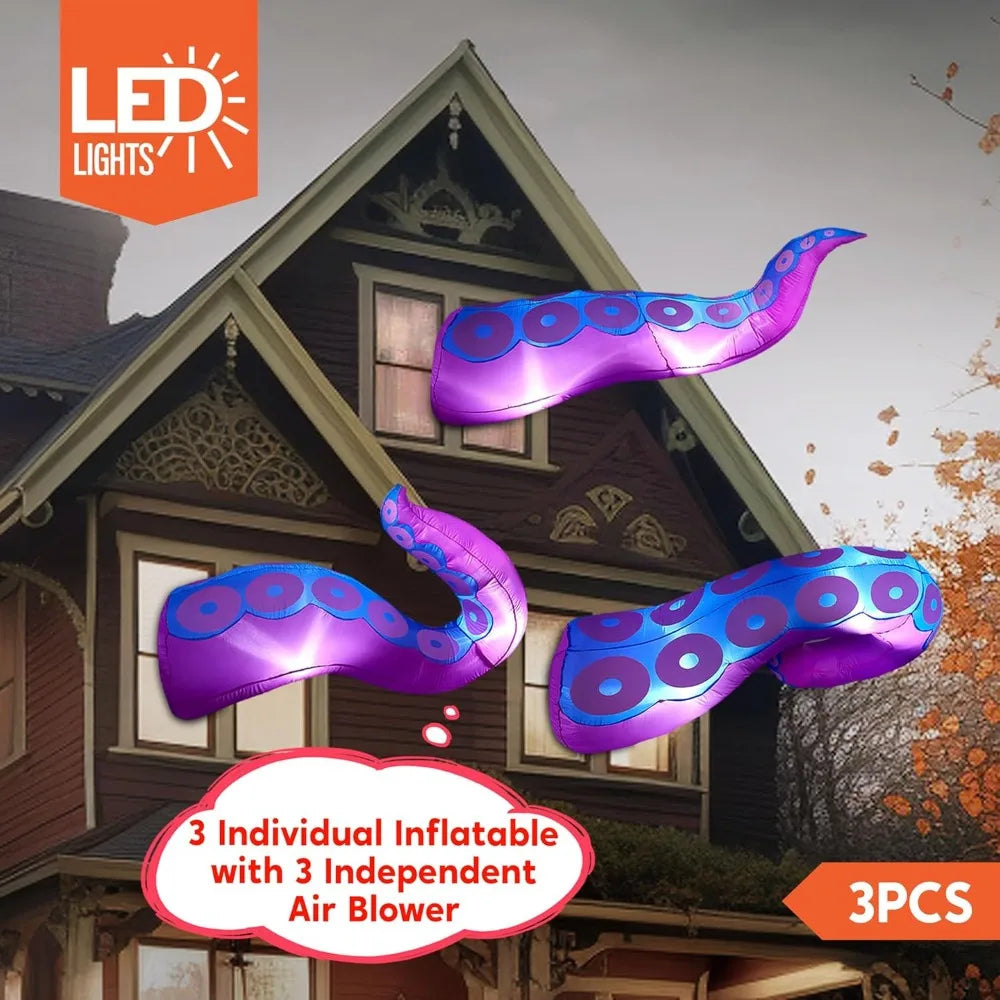 3 Pcs Halloween Inflatables Octopus Tentacle Outdoor Window Decorations with Build-in LEDs, Halloween Front Door Window Roof Prop,