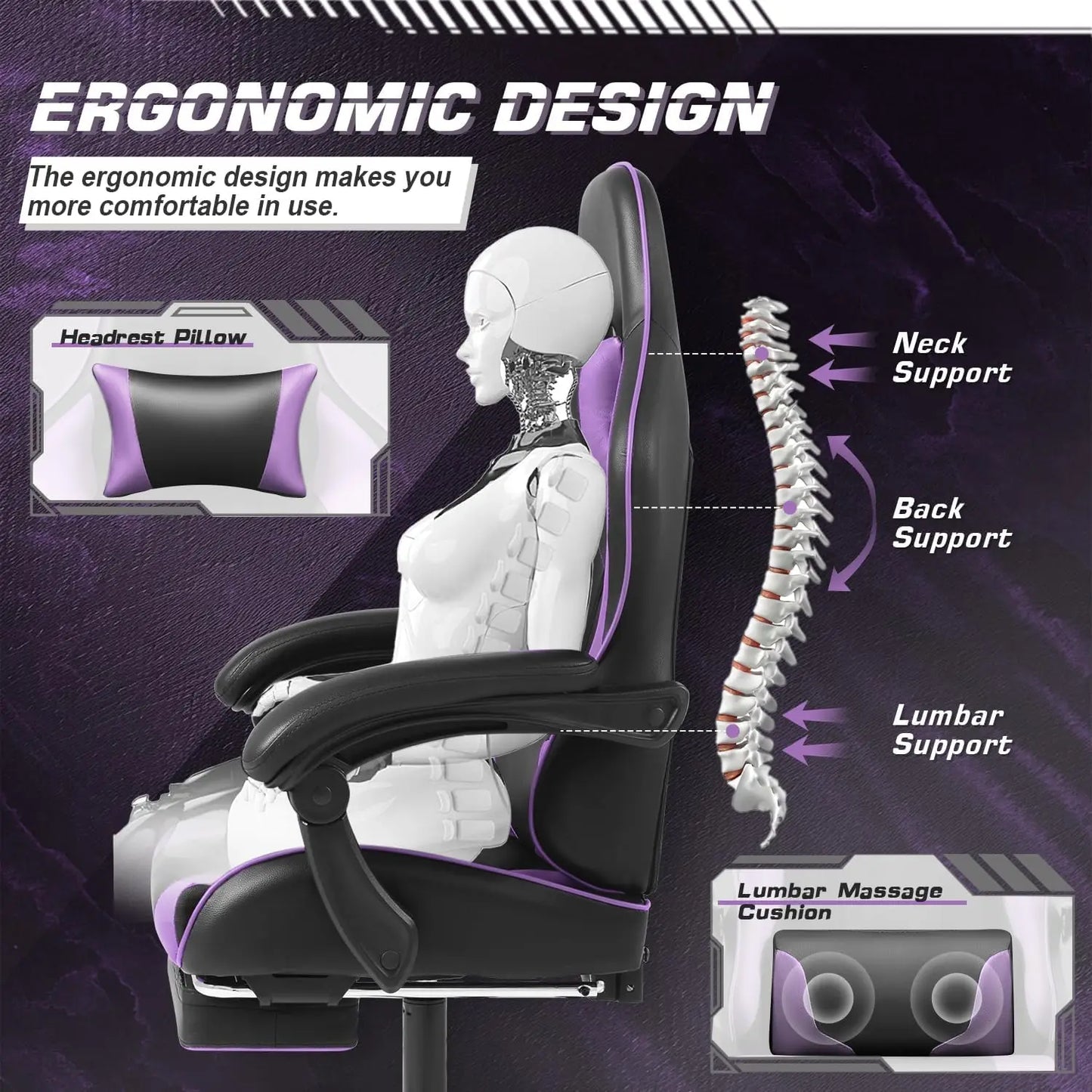 Gaming Chair with Footrest and Massage Lumbar Support, Height Adjustable, 360° Swivel, Headrest