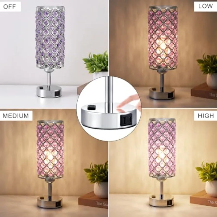 Set of 2 Crystal Lamps, 3 Way Dimmable Touch Lamp with Crystal Shade,