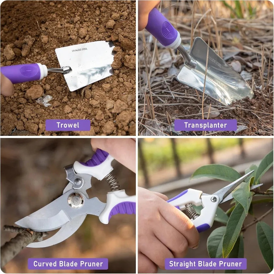 Purple Garden Tool Set, 11PCS Heavy Duty Gardening Tools with Detachable Storage Bag Includes Weeder and dual purpose hoe