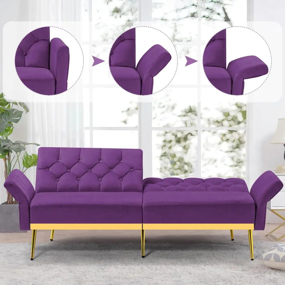 Sofa Bed w Adjustable Armrests and Backrests, Tufted Futon Sofa for Bedroom, Living Room, Apartment