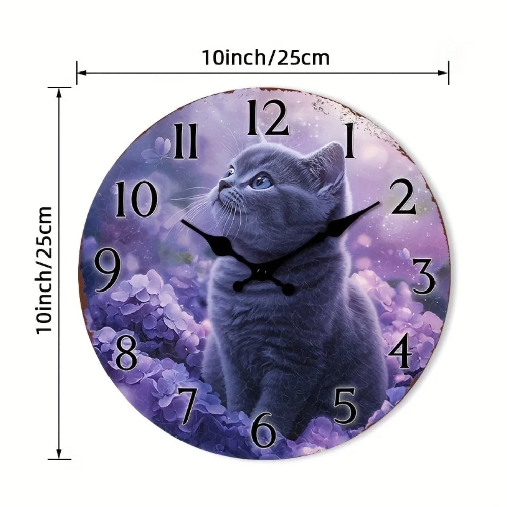 1pc Wooden Wall Clock with Purple Cat & Floral Design, silent