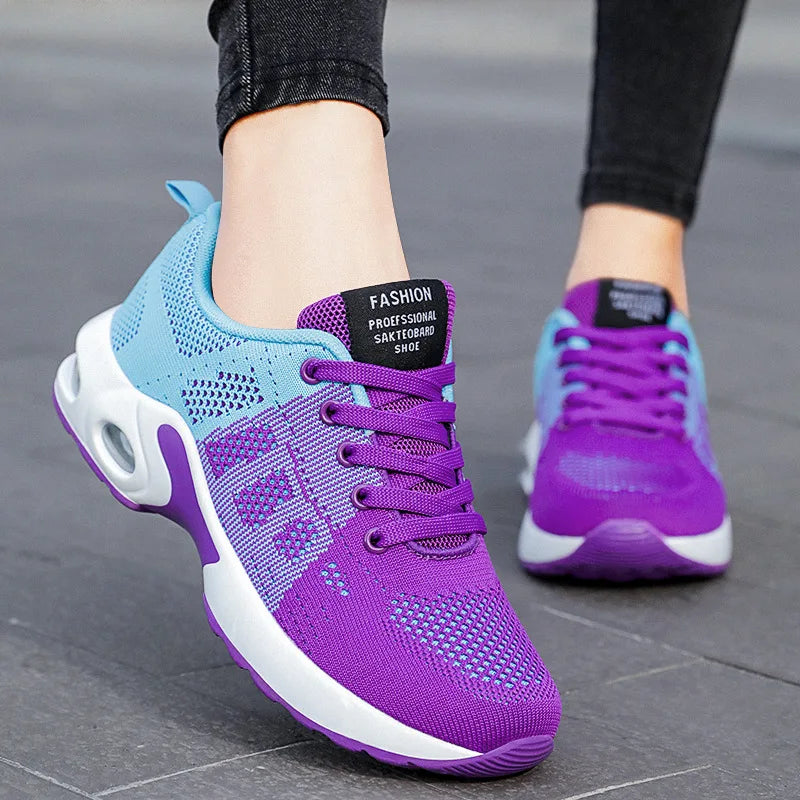 Women's Colorblock Purple Blue Air Cushion Sneakers, Breathable Mesh Lightweight Athletic Shoes