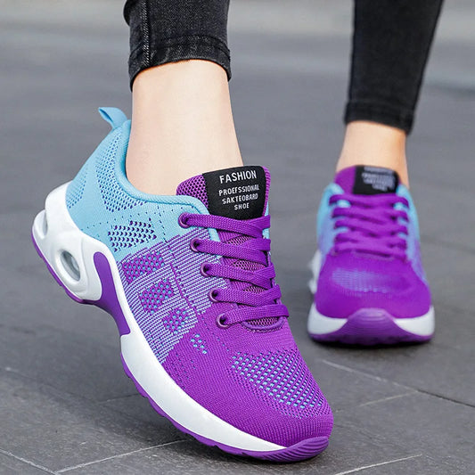 Women's Colorblock Purple Blue Air Cushion Sneakers, Breathable Mesh Lightweight Athletic Shoes