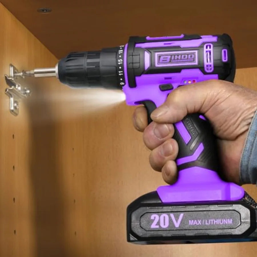 Purple Cordless Drill Set20V Drill Driver with Battery and Charger 3/8-Inch Keyless Chuck Variable Speed with Drills Bits Set