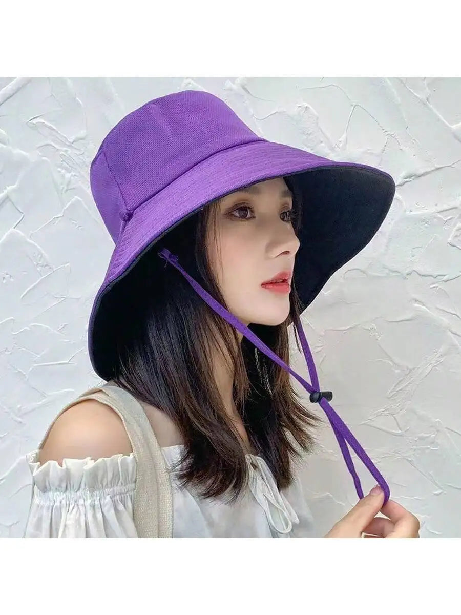 Purple Double Sided Bucket Hat With Chin Strap Sun Protection Wide Brim