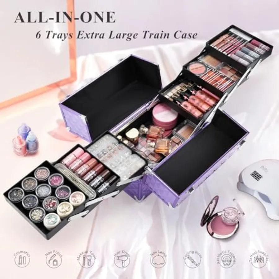 12 Inch Portable Makeup Train Case with 6 trays, lockable