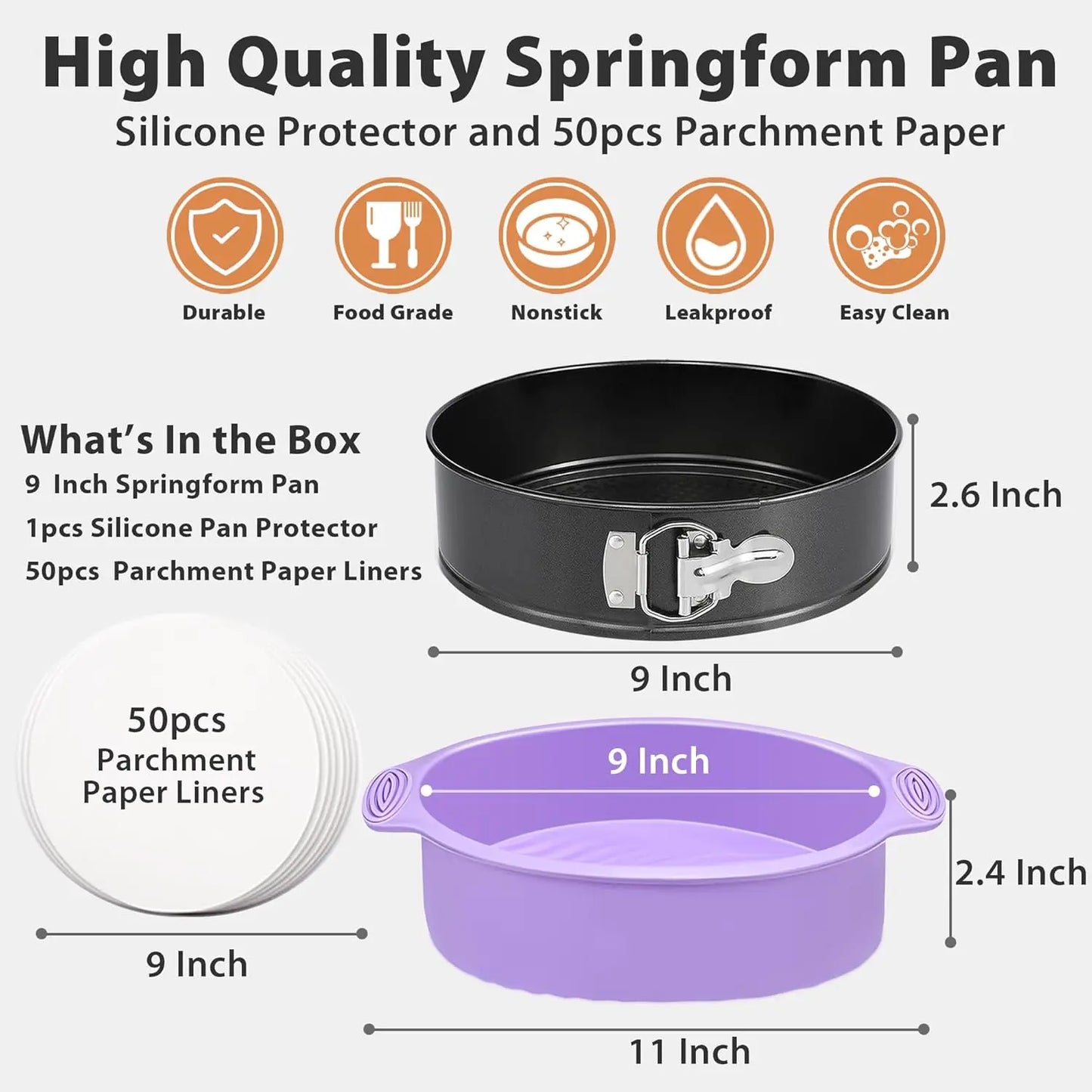 Nonstick Springform Pan 9 Inch Leakproof with Silicone Protector and 50 Parchment Papers