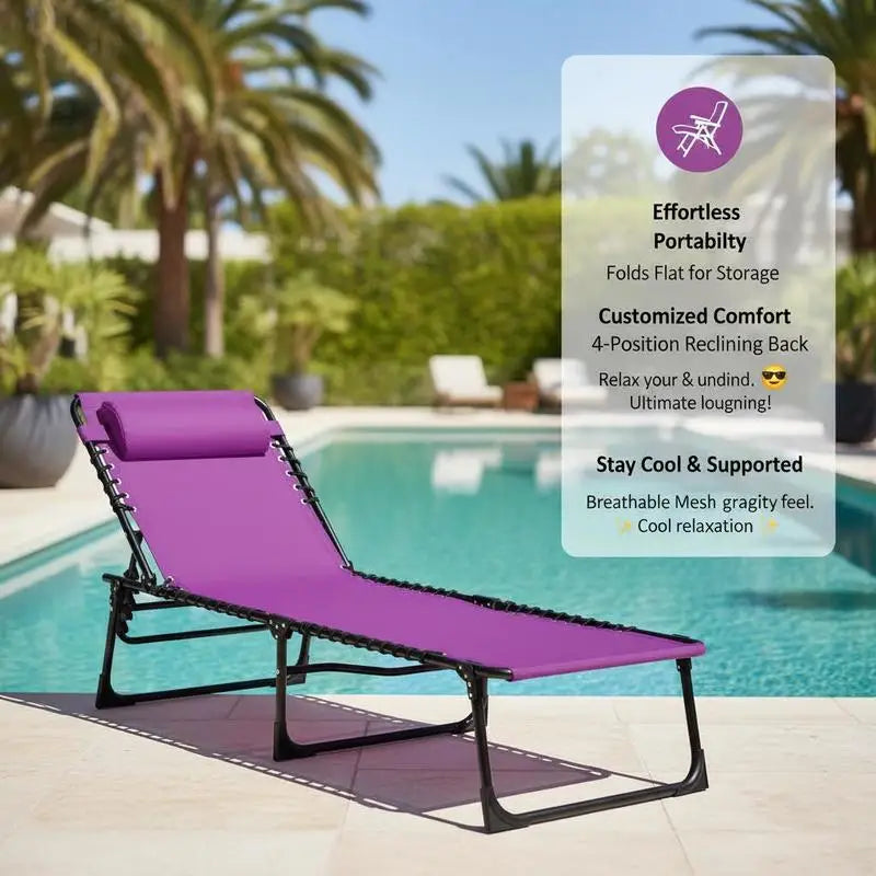 Folding Chaise Lounge Pool Chair with 4-Position Reclining Back, Pillow, Breathable Mesh