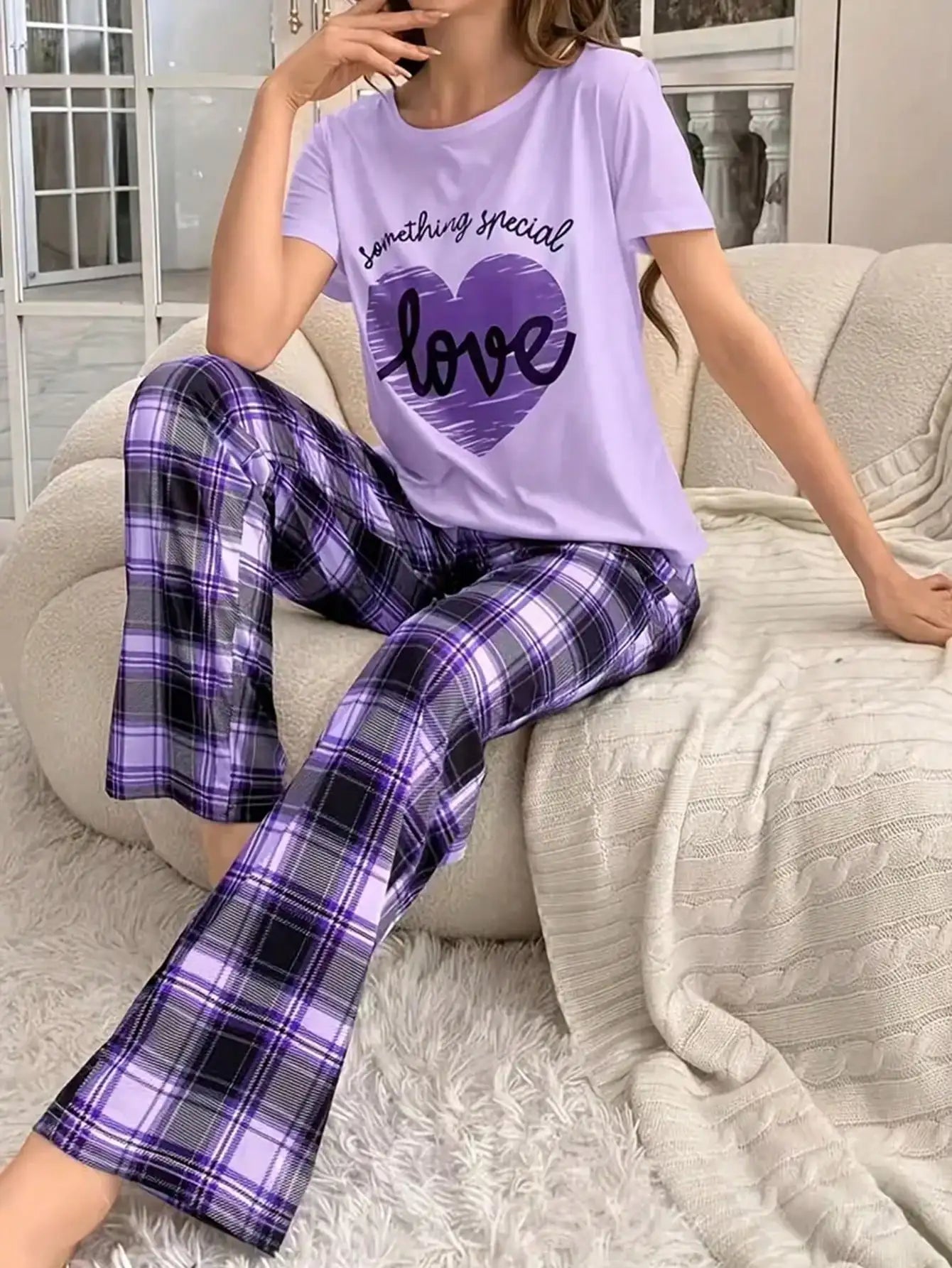 Purple Plaid Lounge Set with Heart Graphic Top for Women