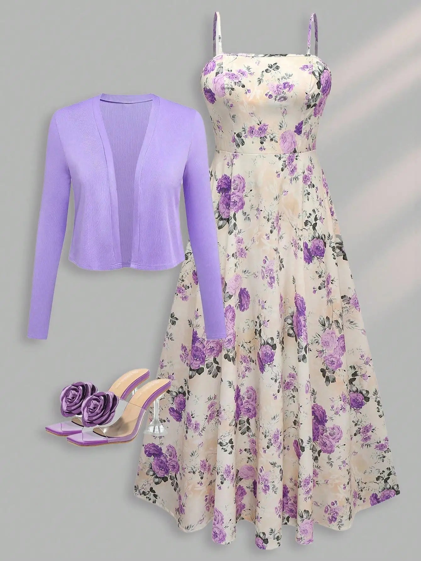 Women Floral Print Camisole Dress And Long Sleeve Cropped Jacket Set