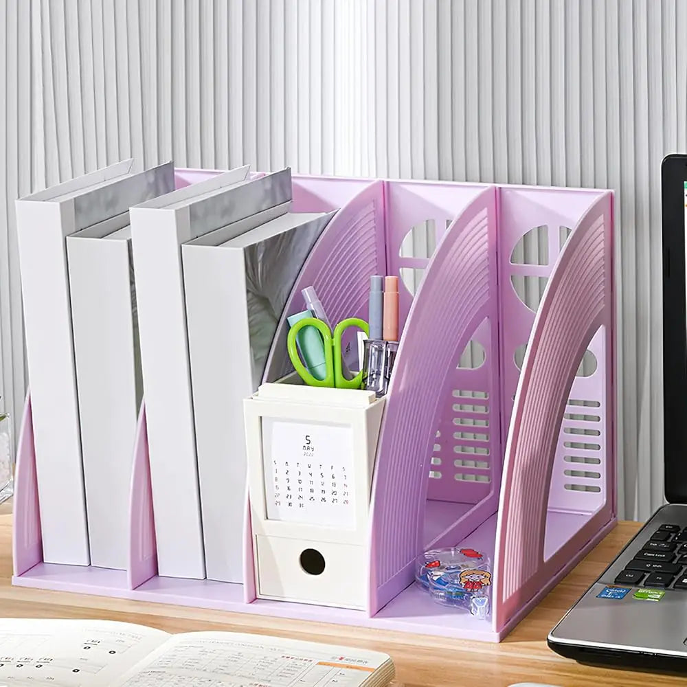 Magazine File Holder Folder Storage Desktop 4 Compartment Standing Hollow Purple Files Bookshelf Organizer