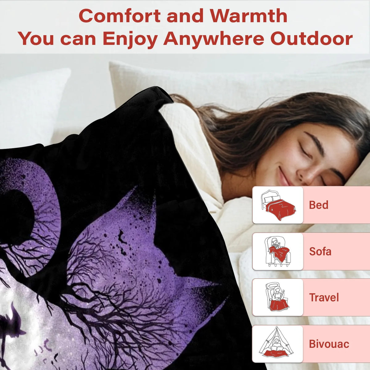 1pc Witch Cat Silhouette Flannel Blanket (Machine Washable)