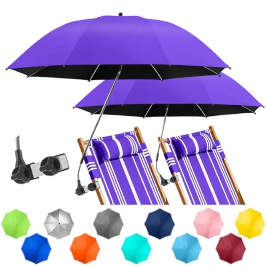 2 PACK Beach Umbrella with Clamp, 360 ° Adjustable Umbrellas for Chair, UPF50+